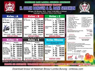 Brosur Lomba Burung Berkicau H Saleh Bangun & H Dani Setiawan, Binjai, 4 Oktober 2015