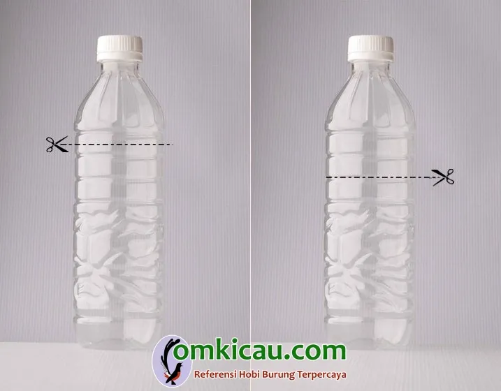 Arah potongan botol ukuran 2 liter (gambar kiri) dan arah potongan botol ukuran 1 liter (gambar kanan)